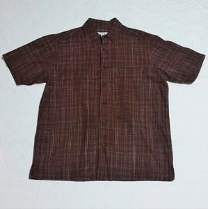 Linea Uomo Plaid Button Down Camp Shirt  55% Linen 45% Cotton Brown